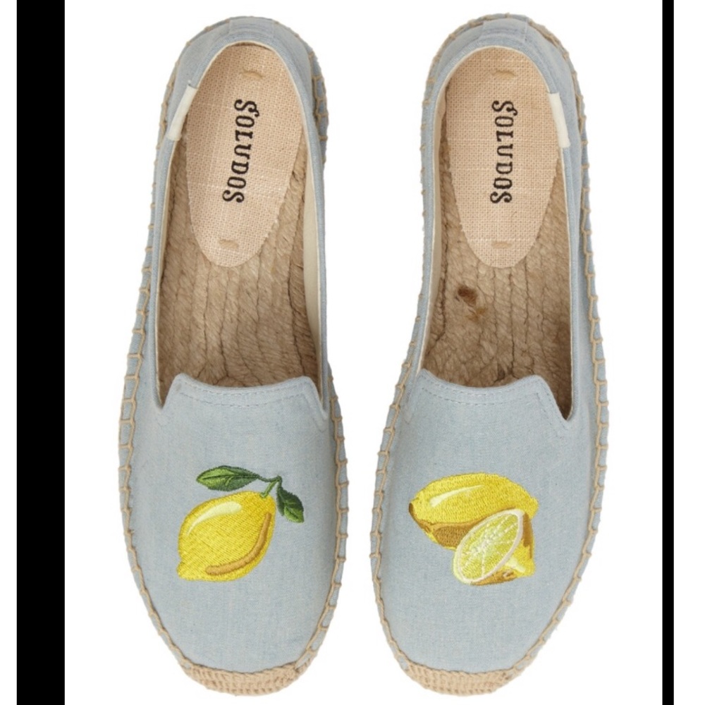 Soludos Light Blue Canvas Espadrilles with Yellow Lemon Embroidery